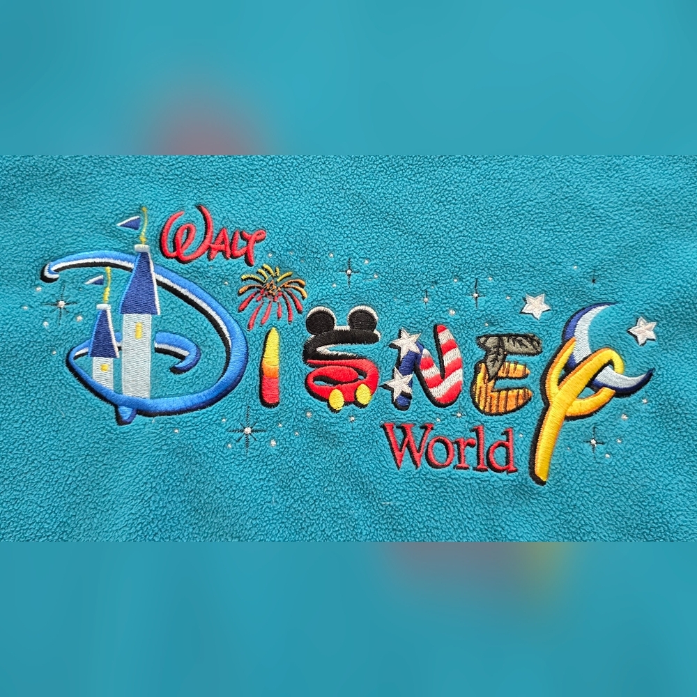 Size L Unisex Vintage Walt Disney World Fleece Pullover Sweatshirt Teal Green - Picture 3 of 6